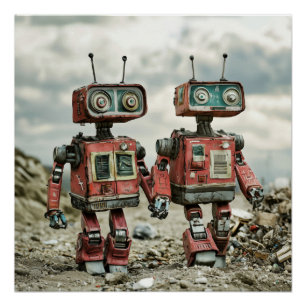 Süße Retro-Roboter verliebt Hand in Hand Poster