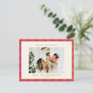 Süße Retro-Rosa und Orange Karo-Weihnachtsfoto Feiertagskarte