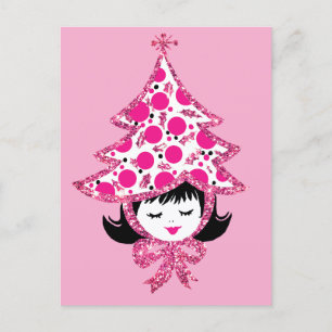 Süße Retro-Rosa Weihnachtsfrau mit Baumhut Feiertagspostkarte