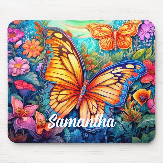 Süße Retro-Schmetterlings-Monogramm-Name Mousepad (Vorne)