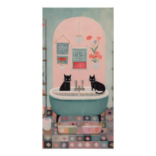 Süße Retro-Schwarze Katzen im Badezimmer rosa blau Poster