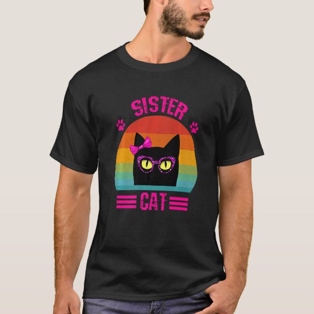 Süße Retro-Schwesterkatze mit rosa Leopardengläser T-Shirt (Vorderseite)