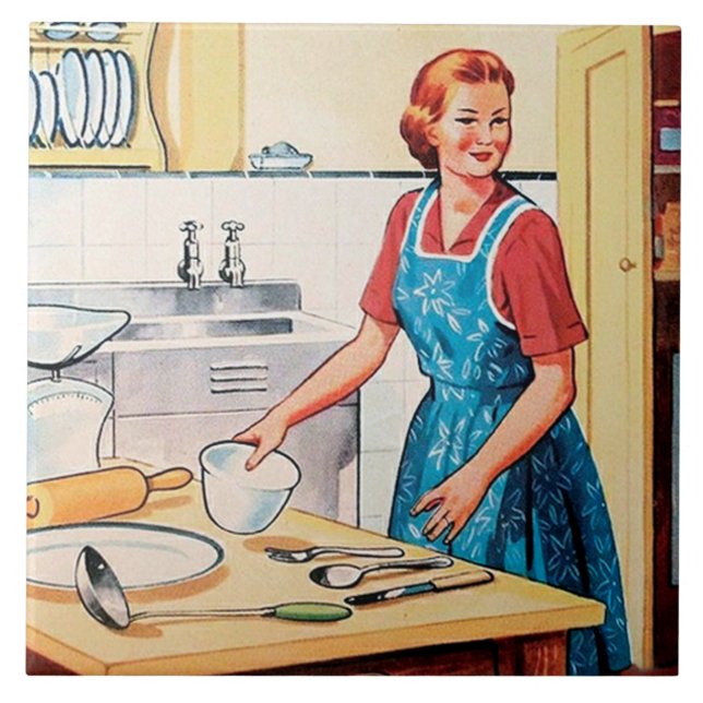 süße Retro-Vintage-Kochküchen-Dame Fliese (Vorderseite)