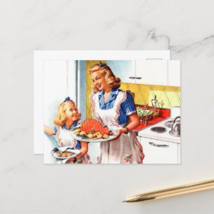 süße retro vintage Mutter Tochter Küche Postkarte