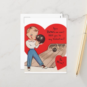 Süße Retro-Vintage-Valentinstag-Bowling Feiertagspostkarte