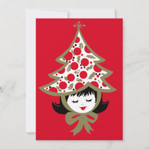 Süße Retro Vintage Weihnachtsgirl mit Baumhut Feiertagskarte