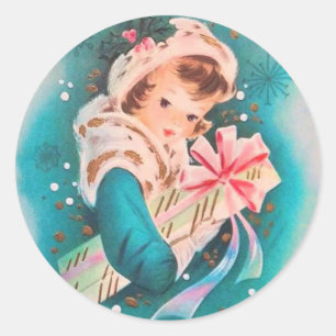 Süße Retro-Weihnachten Winter Mädchen Mit Geschenk Runder Aufkleber