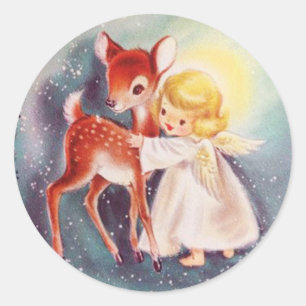 Süße Retro-Weihnachts-Engel Mädchen mit Reh Runder Aufkleber