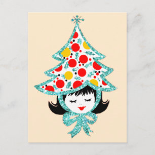 Süße Retro-Weihnachtsgirl mit Baumhut Feiertagspostkarte