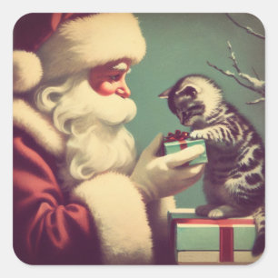 Süße Retro-Weihnachtsmann-mit-Kätzchen-Illustratio Quadratischer Aufkleber