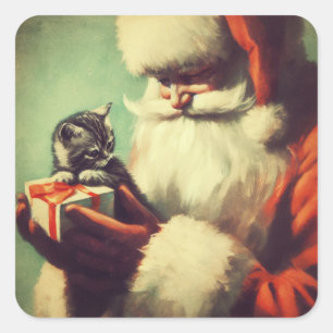 Süße Retro-Weihnachtsmann-mit-Kätzchen-Illustratio Quadratischer Aufkleber