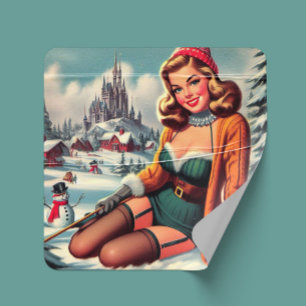 Süße Retro-Winter-Pin-up Quadratischer Aufkleber
