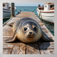Süße Robbe liegt auf Bootssteg Ozeanpier