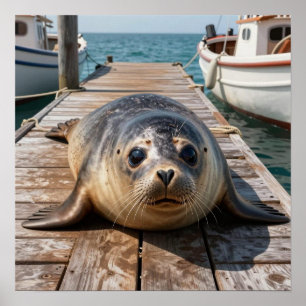 Süße Robbe liegt auf Bootssteg Ozeanpier Poster