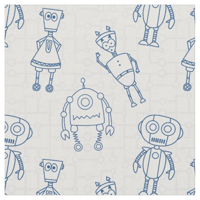 Süße Roboter (blau und weiß) Stoff (Nahaufnahme)