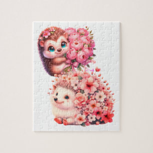 Süße romantische Florale Igel-Duo-Illustration Puzzle