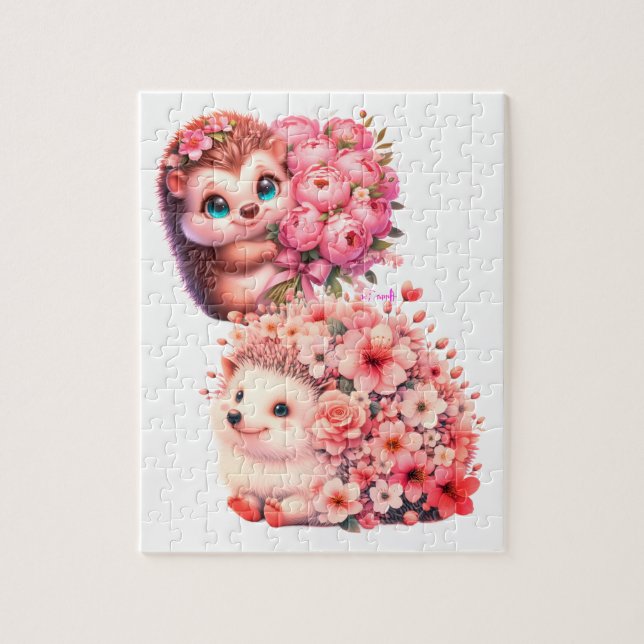 Süße romantische Florale Igel-Duo-Illustration Puzzle (Vertikal)