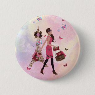 Süße rosa Aquarell-Mädchen Paris Eiffelturm Button