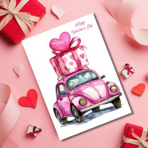 Süße rosa Auto Valentinstag-Karte Karte