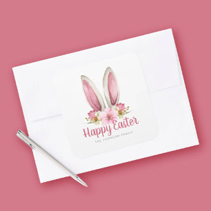 Süße rosa Blumen-Hasenohren Frohe Ostern Quadratischer Aufkleber