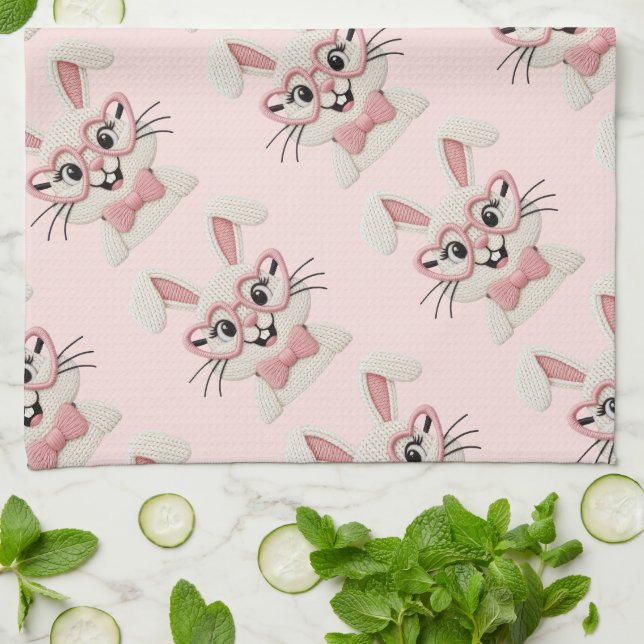 Süße rosa Bunny-Herzbrille  Geschirrtuch (Gefaltet)