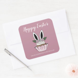 Süße rosa Cupcake-Hasenohren Frohe Ostern Quadratischer Aufkleber