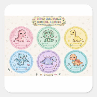 Süße rosa Dino-Mandala-Schuletiketten | Kindergart Quadratischer Aufkleber