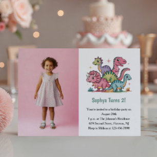 Süße rosa Dinosaurier-Foto-Kinder-2. Geburtstagsfe Einladung