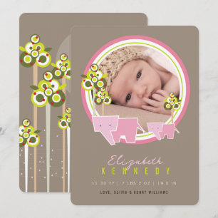 Süße rosa Elefanten Familie Baby Mädchen Foto Gebu Ankündigung