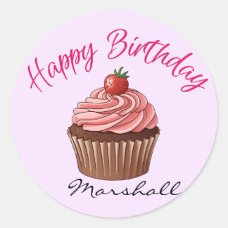 Süße rosa Erdbeer-Cupcake-Happy-Birthday-Rund Runder Aufkleber