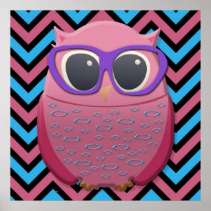 Süße rosa Eule mit Brille auf Chevron-Plakat Poster