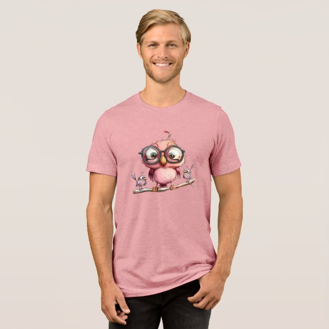 Süße rosa Eule und Vogel Freunde Tri-Blend Shirt (Vorderseite voll)