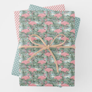 Süße Rosa Flamingos Palmenblätter Aquarell Geschenkpapier Set