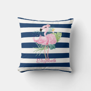 Süße rosa FlamingosTropisches Blatt, gestreift Kissen
