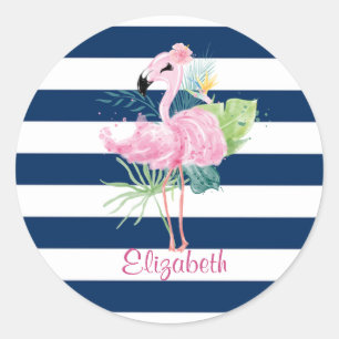 Süße rosa FlamingosTropisches Blatt, gestreift Runder Aufkleber