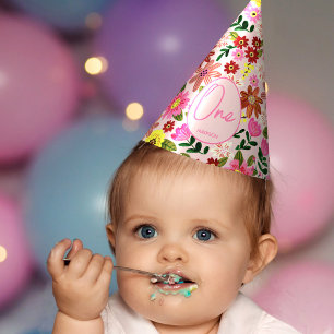 Süße rosa florale einjährige Mädchen-Geburtstagsfe Partyhütchen