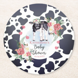 Süße rosa florale Heilige Kuh Mädchen Baby Shower Runder Pappuntersetzer