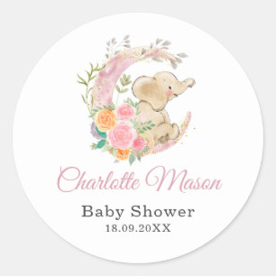 Süße rosa florale Mond Mädchen Elefant Baby Shower Runder Aufkleber