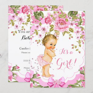 Süße rosa florale Rose Baby Shower Mädchen Blond Einladung