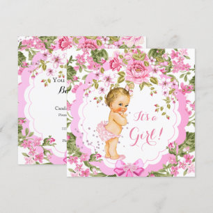 Süße rosa florale Rose Baby Shower Mädchen Blond Einladung