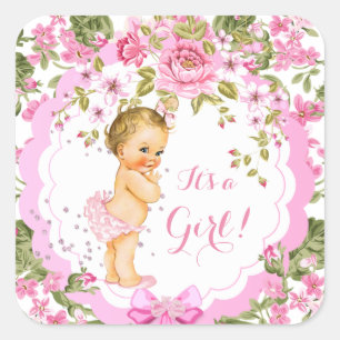 Süße rosa florale Rose Baby Shower Mädchen Blond Quadratischer Aufkleber