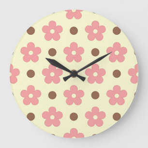 Süße rosa florale und braune Polka-Punkte Retro Große Wanduhr