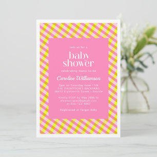 Süße rosa-gelbe Karo-Muster-Baby-Party Einladung