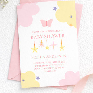 Süße Rosa Gelbe Wolken Sterne Babyparty Einladung
