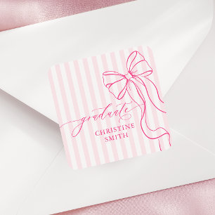 Süße rosa gestreifte Abschluss-Schleifen-Name-Stic Quadratischer Aufkleber