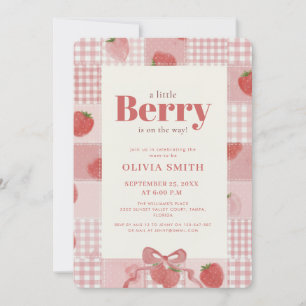 Süße rosa Gingham-Beeren-Baby-Party Einladung