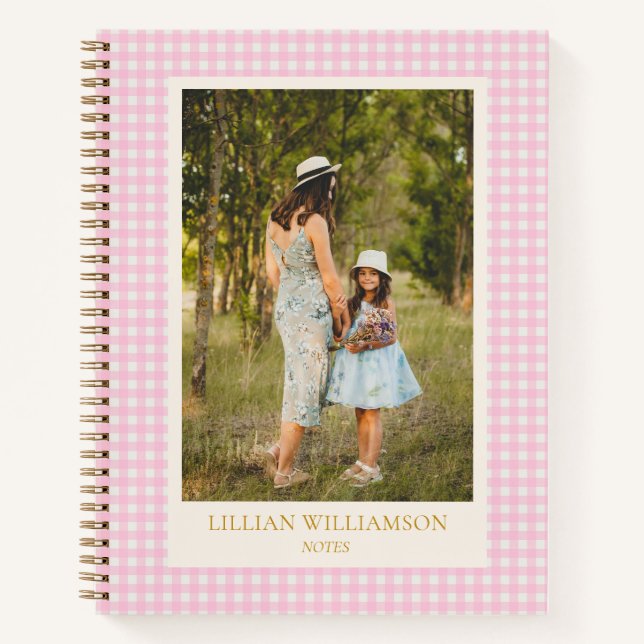 Süße rosa Gingham-Foto Notizbuch personalisiert (Vorderseite)