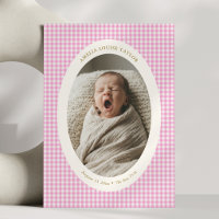 Süße rosa Gingham-Oval-Foto-Baby-Mädchen-Geburtsst