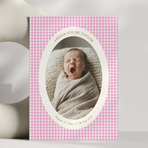 Süße rosa Gingham-Oval-Foto-Baby-Mädchen-Geburtsst Ankündigung