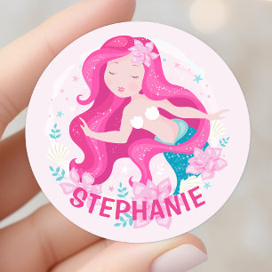 Süße rosa Haare Meerjungfrau Mädchen Fantasy Perso Runder Aufkleber